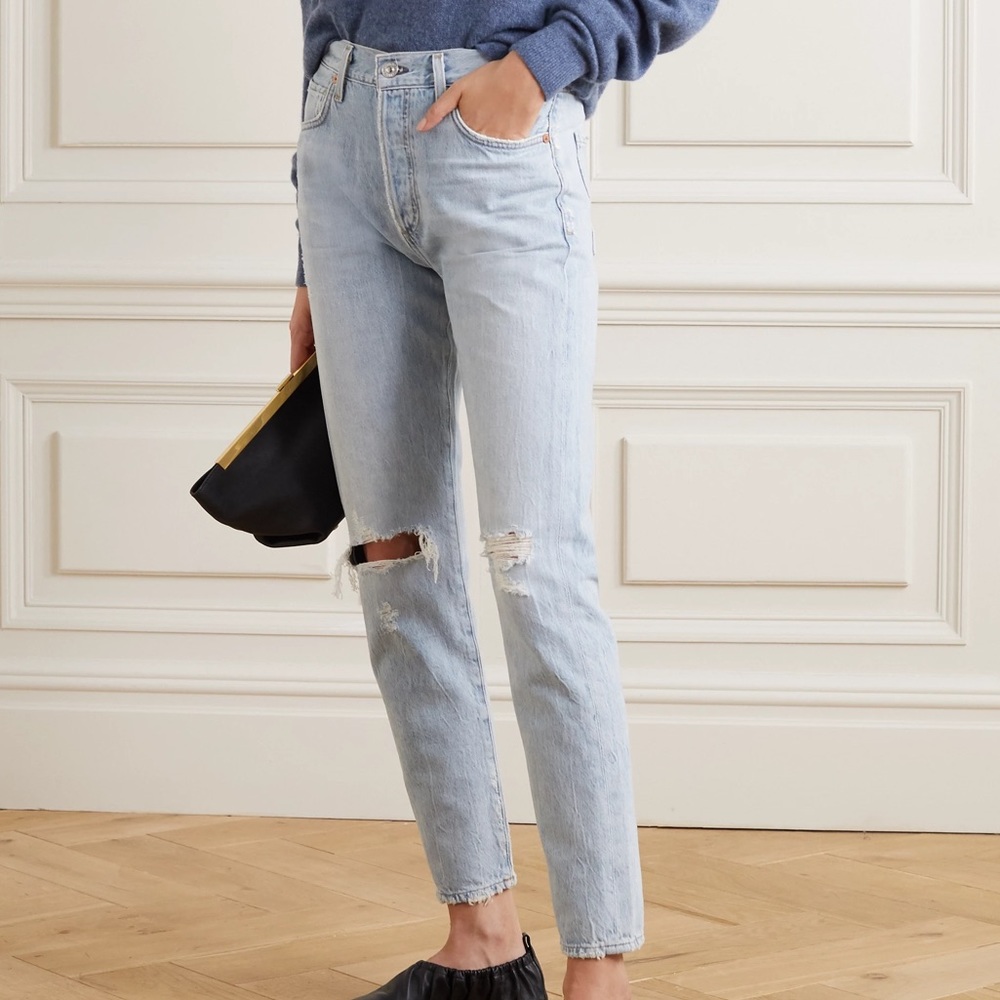 Citizens of Humanity blue straight legged high rise knee ripped jeans